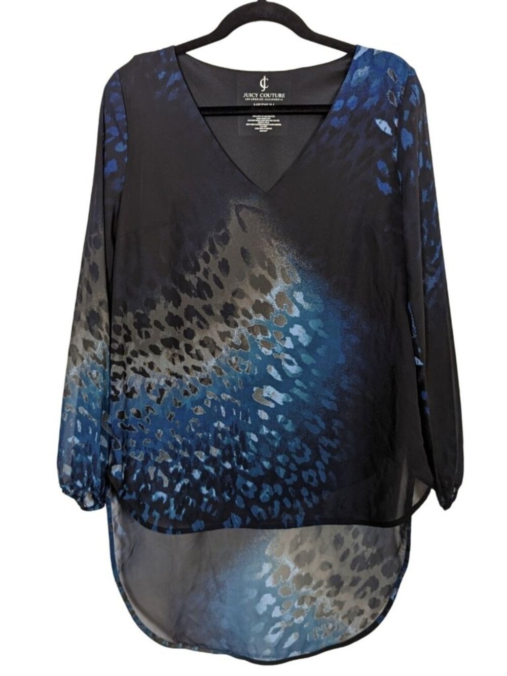 Juicy Couture Leopard print V neck high low black gray blue Tunic blouse size M
